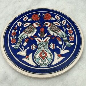 Trivet Turkish Handmade Ceramic Hot Plate Blue Red Flowers Parrots 6-1/4"